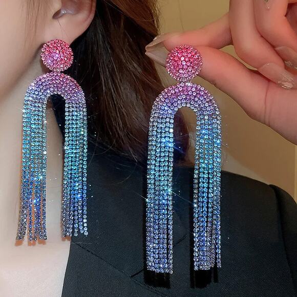 Pink Purple Blue‎ Rhinestone Dangle Drop Rhinestone Earrings Holiday Jewelry - Picture 4 of 4